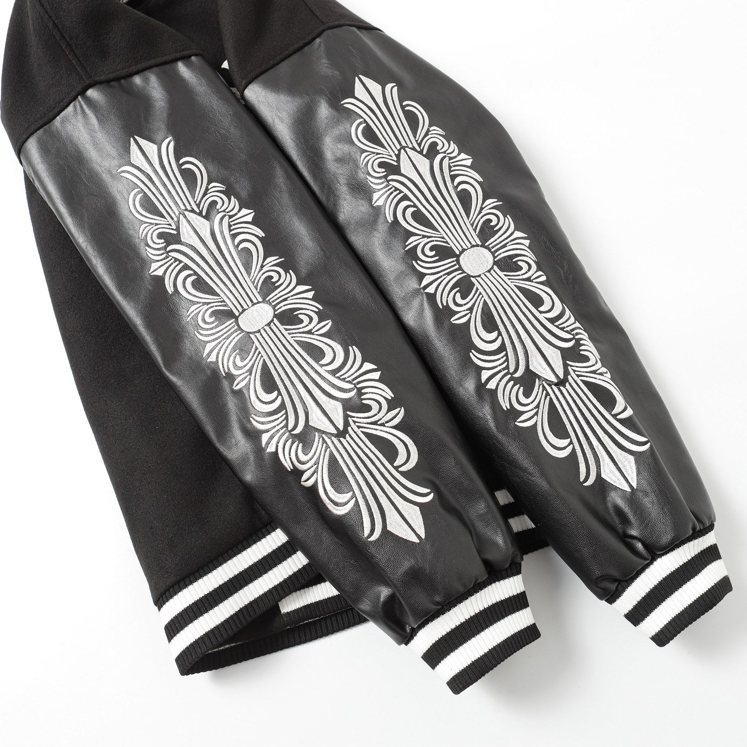 Cross Embroidered Leather Sleeve Varsity Jacket - Black Street Style 116